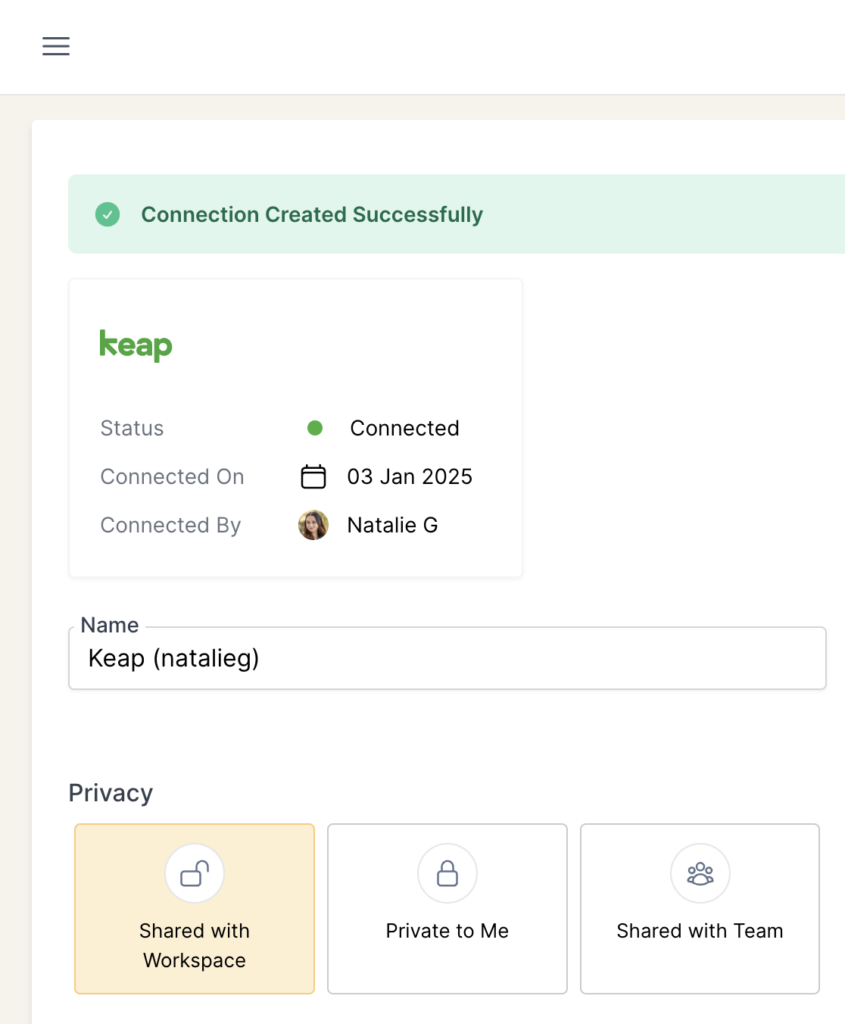 Connection detail page for Keap showing the Name and privacy options.